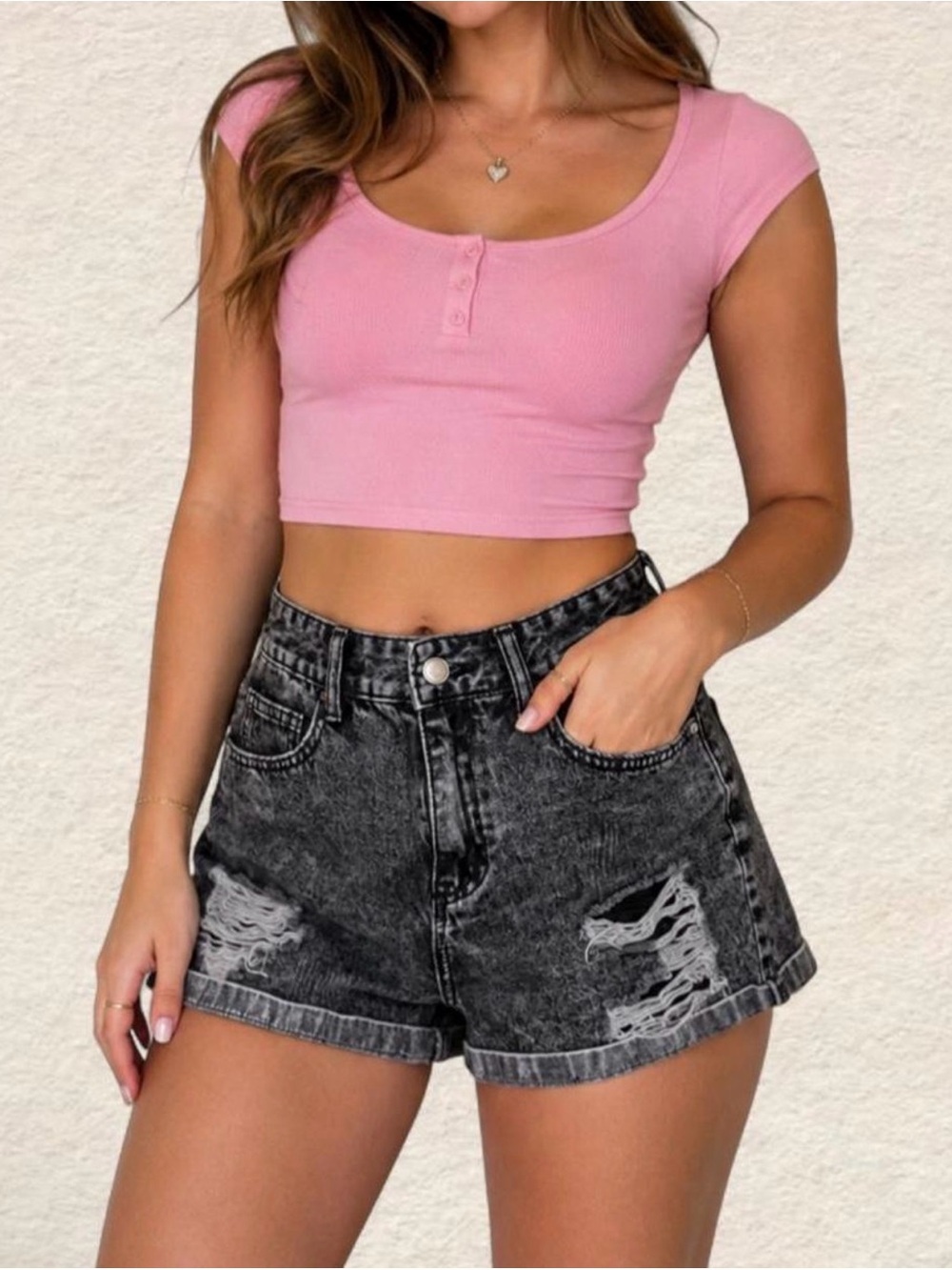 SHEIN Black Washed Distressed Denim Shorts
